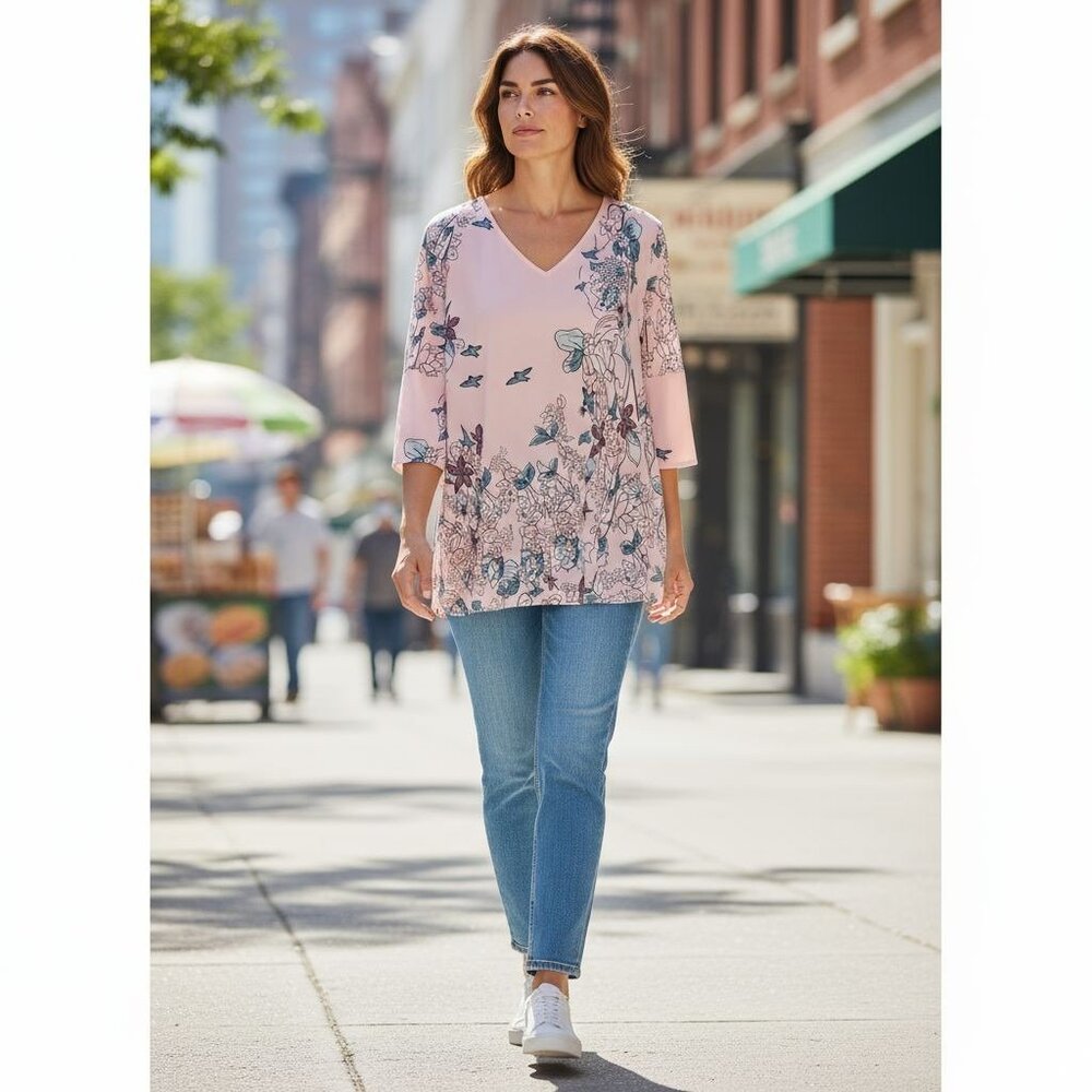 Misslook Tunic Shirt Womens Floral Flowers 3/4 Bell Sleeve 3X V-neck Festive